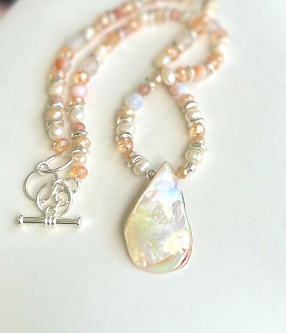 Pearl Necklace, Abalone shell Pendant Necklace MakerPlace by